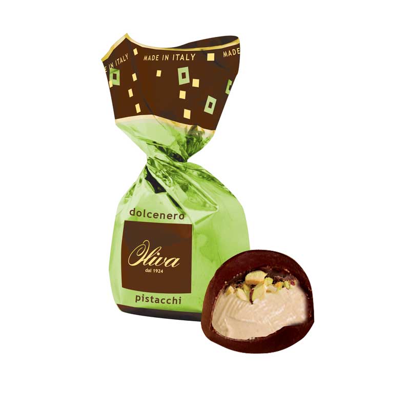 Mörk chokladpralin med pistagecréme & krisp